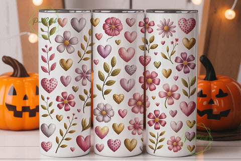 Pink & Gold Floral Hearts 20oz Tumbler Sublimation PixelChick 