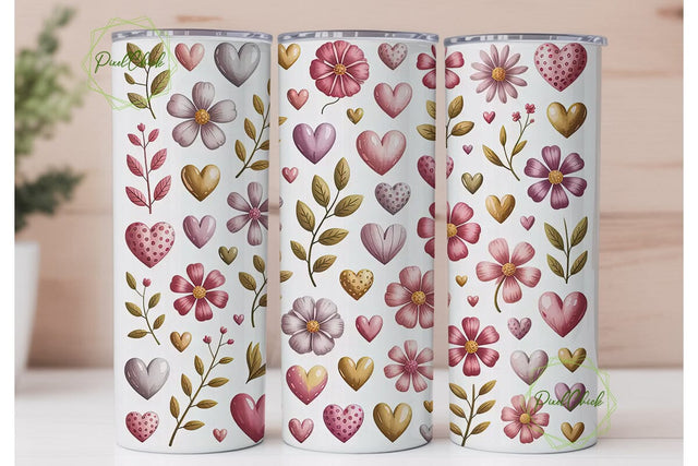 Pink & Gold Floral Hearts 20oz Tumbler Sublimation PixelChick 