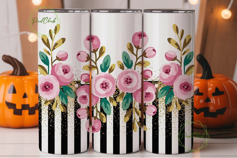 Pink & Gold Floral Tumbler Wrap Sublimation PixelChick 