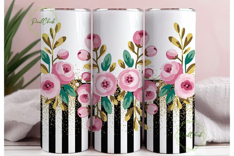 Pink & Gold Floral Tumbler Wrap Sublimation PixelChick 