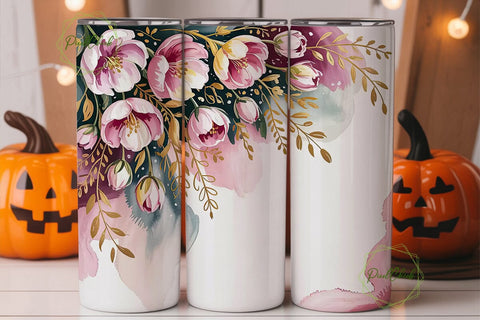 Pink Gold Floral Watercolor 20oz Tumbler Sublimation PixelChick 