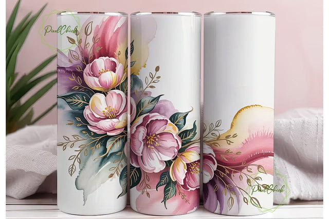 Pink Gold Floral Watercolor 20oz Tumbler Sublimation PixelChick 