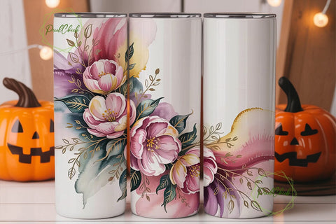 Pink Gold Floral Watercolor 20oz Tumbler Sublimation PixelChick 