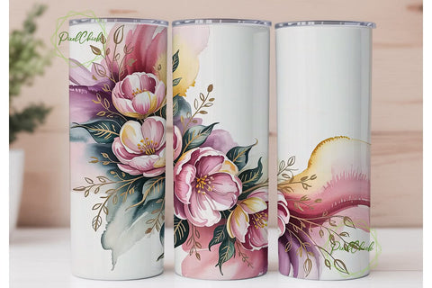 Pink Gold Floral Watercolor 20oz Tumbler Sublimation PixelChick 