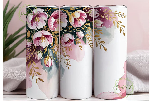 Pink Gold Floral Watercolor 20oz Tumbler Sublimation PixelChick 