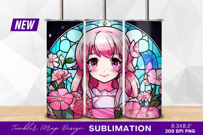 Pink haired anime girl floral stained glass Sublimation Regulrcrative 