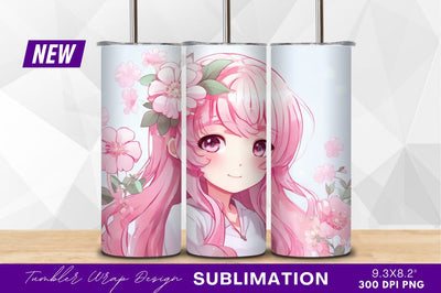 Pink haired anime girl with flower clipart Sublimation Regulrcrative 