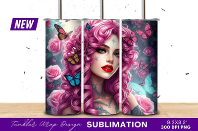 Pink Haired Beauty With Roses And Butterflies Sublimation Regulrcrative 