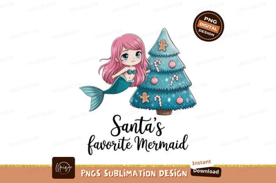 Pink haired mermaid beside blue Christmas tree image Sublimation Designangry 