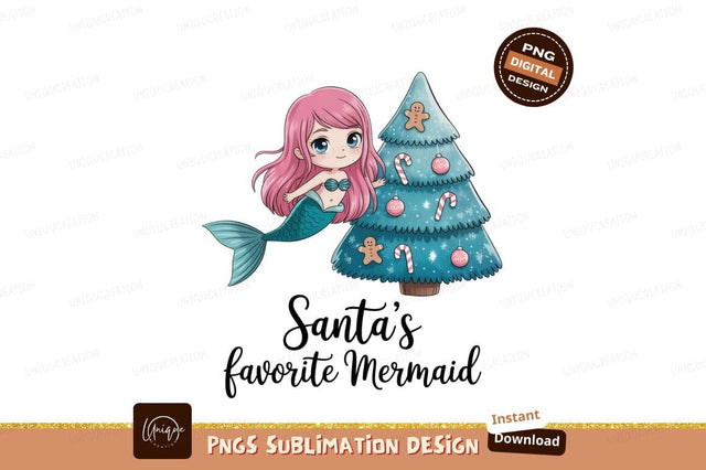 Pink haired mermaid beside blue Christmas tree image Sublimation Designangry 