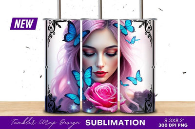 Pink Haired Woman With Butterflies And Rose Sublimation Regulrcrative 