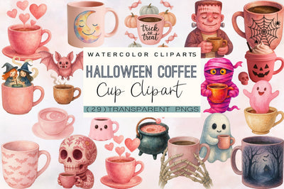 Pink Halloween Coffee Sublimation Clipart Bundle. Sublimation SVGArt 
