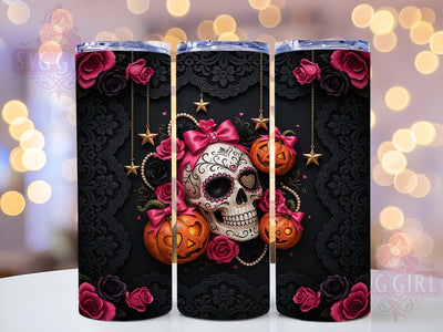 Pink Halloween Skull 20oz Tumbler Wrap, Halloween Skull, Pink Theme, Spooky Cute, Whimsical Charm, Bold Pattern, Skinny Tumbler, Sublimation PNG Sublimation SvggirlplusArt 