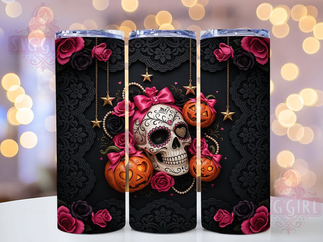 Pink Halloween Skull 20oz Tumbler Wrap, Halloween Skull, Pink Theme, Spooky Cute, Whimsical Charm, Bold Pattern, Skinny Tumbler, Sublimation PNG Sublimation SvggirlplusArt 