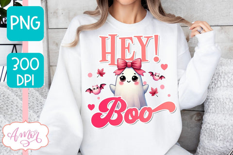 Pink Halloween sublimation PNG | Hey Boo! shirt PNG design Sublimation Amorclipart 