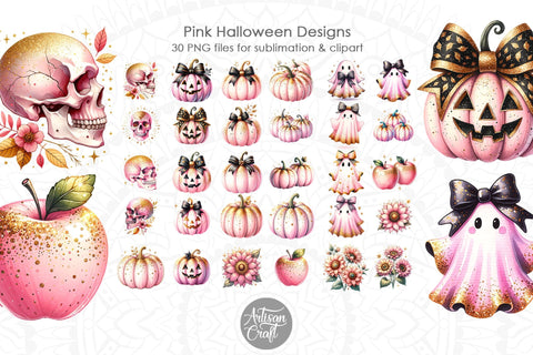 Pink Halloween Watercolor Clipart | gold glitter | Coquette Sublimation Artisan Craft SVG 