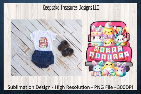 Pink Happy Easter Marshmallow Babies Hand Drawn Truck, Sublimation PNG, Children's Easter T-Shirt Design, Digital Download, PNG Printable Sublimation Keepsake Treasures Designs LLC. 