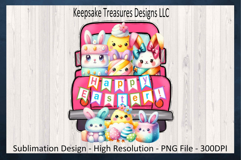 Pink Happy Easter Marshmallow Babies Hand Drawn Truck, Sublimation PNG, Children's Easter T-Shirt Design, Digital Download, PNG Printable Sublimation Keepsake Treasures Designs LLC. 