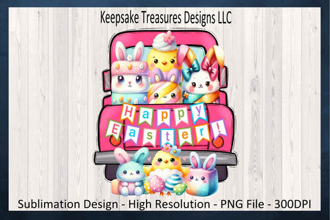 Pink Happy Easter Marshmallow Babies Hand Drawn Truck, Sublimation PNG, Children's Easter T-Shirt Design, Digital Download, PNG Printable Sublimation Keepsake Treasures Designs LLC. 