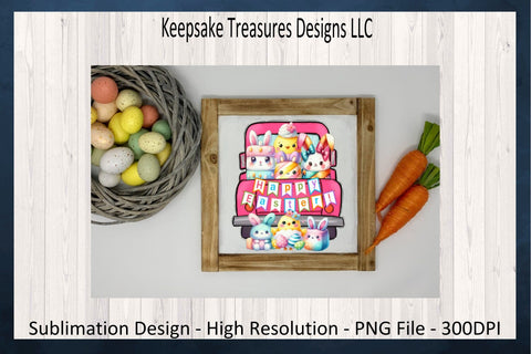 Pink Happy Easter Marshmallow Babies Hand Drawn Truck, Sublimation PNG, Children's Easter T-Shirt Design, Digital Download, PNG Printable Sublimation Keepsake Treasures Designs LLC. 