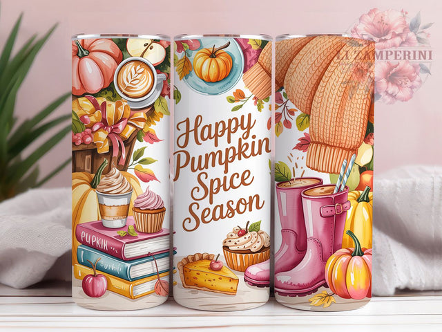 Pink Happy Pumpkin Spice Season Tumbler, Pink Fall Vibes Wrap, Coquette Bow Cup, 20oz Sublimation, Autumn Books Mug, Cute Fall Tumbler, Cozy Pumpkin Season Drinkware Sublimation Li Zamperini 