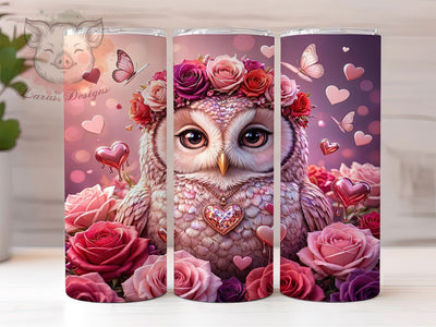 Pink Heart Rose Owl 20oz Tumbler, Pink Accent, Heart Motif, Rose Design, Owl Theme, Sublimation Wrap, 20oz Tumbler, Whimsical Charm Sublimation Lara' s Designs 