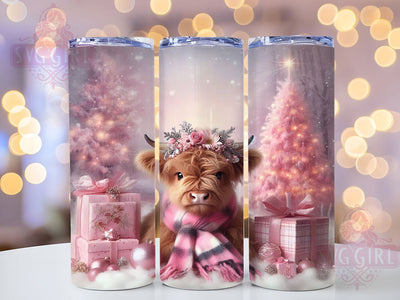 Pink Highland Christmas Cow Tumbler, Highland Cow Christmas, Pink Holiday Tumbler, 20Oz Wrap Design, Christmas Sublimation, Cute Cow Design, Pastel Christmas Art Sublimation SvggirlplusArt 