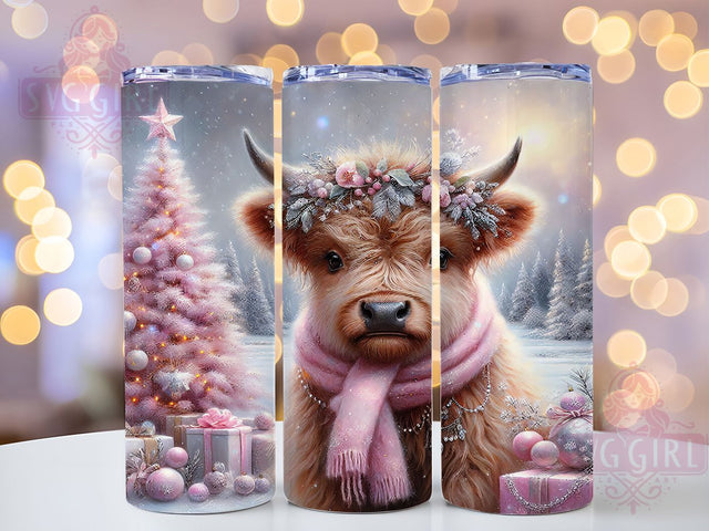 Pink Highland Christmas Cow Tumbler, Highland Cow Christmas, Pink Holiday Tumbler, 20Oz Wrap Design, Christmas Sublimation, Cute Cow Design, Pastel Christmas Art Sublimation SvggirlplusArt 