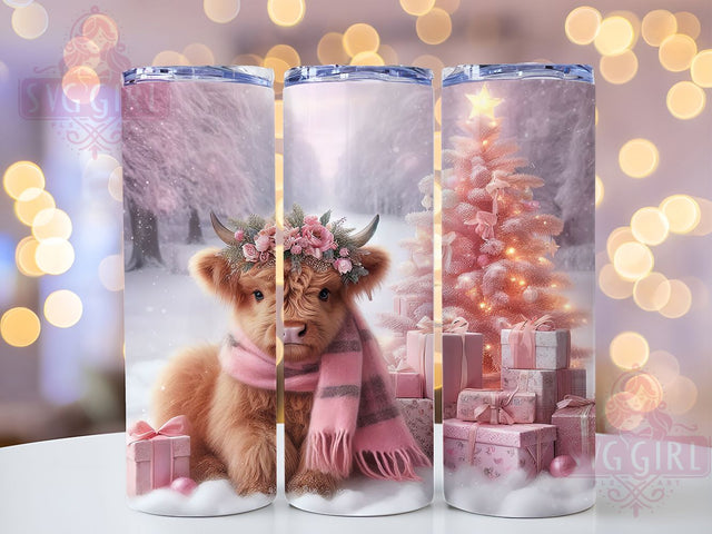 Pink Highland Christmas Cow Tumbler, Highland Cow Christmas, Pink Holiday Tumbler, 20Oz Wrap Design, Christmas Sublimation, Cute Cow Design, Pastel Christmas Art Sublimation SvggirlplusArt 