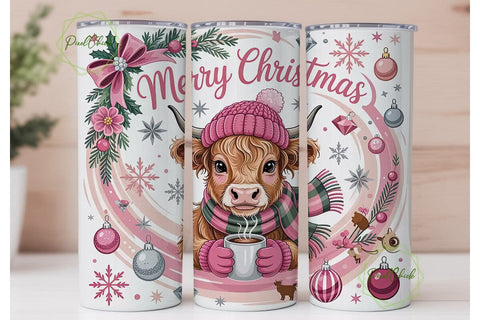 Pink Highland Cow Christmas 20oz Tumbler Sublimation PixelChick 