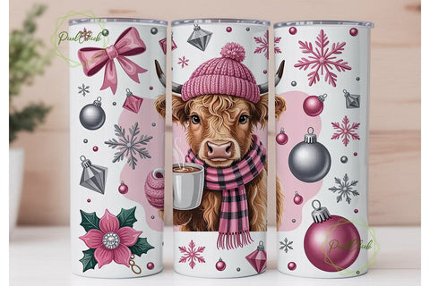 Pink Highland Cow Christmas 20oz Tumbler Sublimation PixelChick 