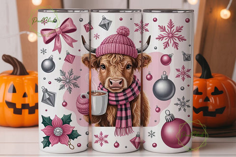 Pink Highland Cow Christmas 20oz Tumbler Sublimation PixelChick 
