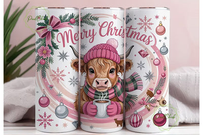Pink Highland Cow Christmas 20oz Tumbler Sublimation PixelChick 