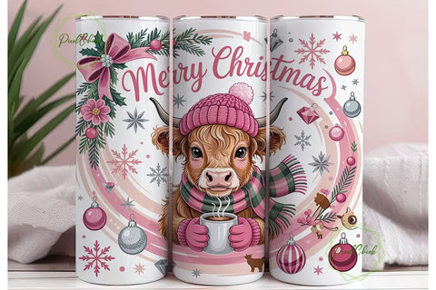 Pink Highland Cow Christmas 20oz Tumbler Sublimation PixelChick 