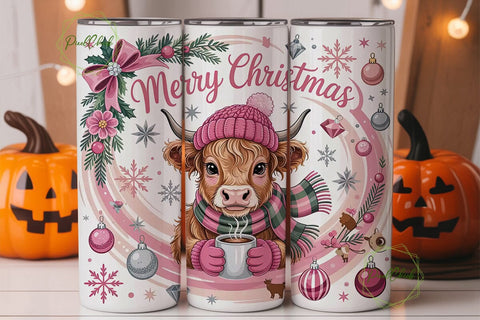 Pink Highland Cow Christmas 20oz Tumbler Sublimation PixelChick 