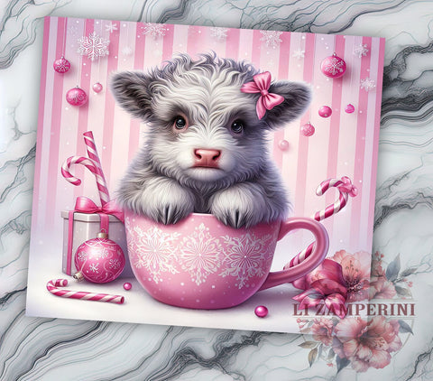 Pink Highland Cow Christmas Tumbler, Cute Christmas Design, 20oz Wrap, Festive Drinkware, Holiday Cow Decor, Winter Sublimation, Unique Christmas Gift Sublimation Li Zamperini 