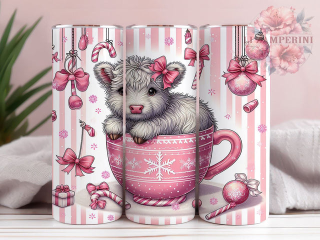 Pink Highland Cow Christmas Tumbler, Cute Christmas Design, 20oz Wrap, Festive Drinkware, Holiday Cow Decor, Winter Sublimation, Unique Christmas Gift Sublimation Li Zamperini 