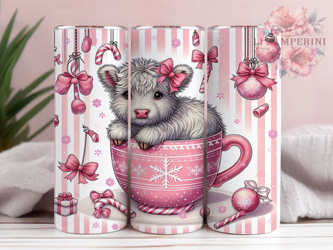 Pink Highland Cow Christmas Tumbler, Cute Christmas Design, 20oz Wrap, Festive Drinkware, Holiday Cow Decor, Winter Sublimation, Unique Christmas Gift Sublimation Li Zamperini 