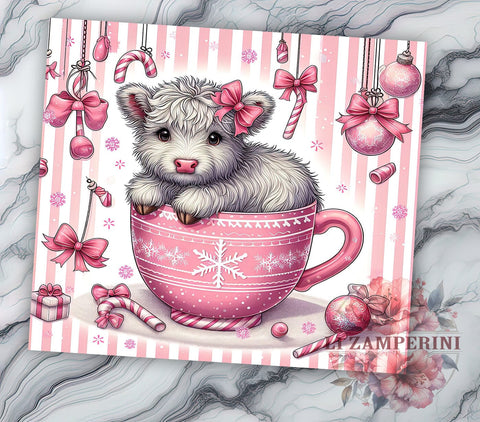 Pink Highland Cow Christmas Tumbler, Cute Christmas Design, 20oz Wrap, Festive Drinkware, Holiday Cow Decor, Winter Sublimation, Unique Christmas Gift Sublimation Li Zamperini 