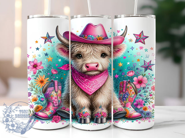 Pink Highland Cow Cowgirl 20oz Tumbler, Cowgirl Design, 20oz Sublimation Wrap, Cute Cow Drinkware, Farm Animal Mug, Floral Cowgirl Gift, Rustic Home Decor Tumbler Sublimation ToriDesigns 