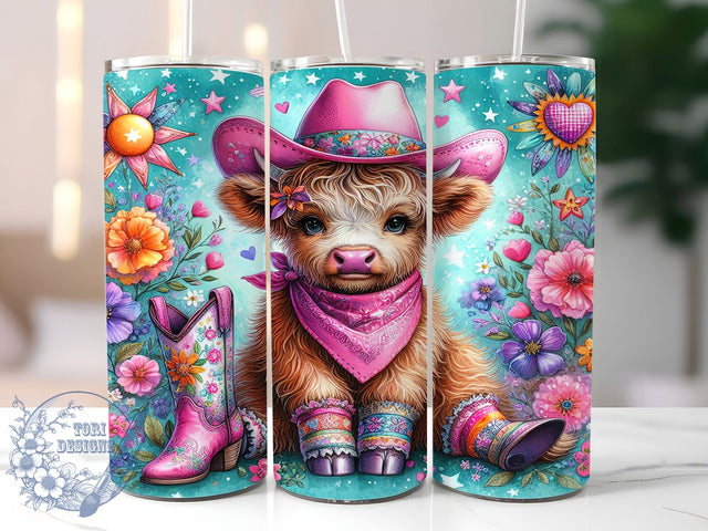 Pink Highland Cow Cowgirl 20oz Tumbler, Cowgirl Design, 20oz Sublimation Wrap, Cute Cow Drinkware, Farm Animal Mug, Floral Cowgirl Gift, Rustic Home Decor Tumbler Sublimation ToriDesigns 