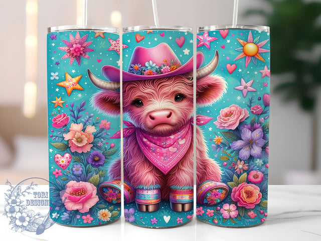 Pink Highland Cow Cowgirl 20oz Tumbler, Cowgirl Design, 20oz Sublimation Wrap, Cute Cow Drinkware, Farm Animal Mug, Floral Cowgirl Gift, Rustic Home Decor Tumbler Sublimation ToriDesigns 