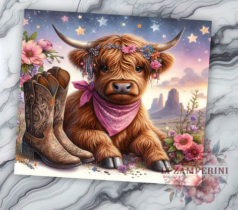 Pink Highland Cow Cowgirl 20oz Tumbler Wrap PNG, Highland Cow Tumbler PNG Sublimation Design, Straight & Tapered Tumbler Wrap, Instant Digital Download Sublimation Li Zamperini 