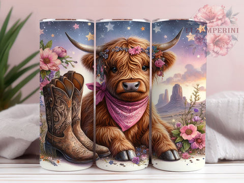 Pink Highland Cow Cowgirl 20oz Tumbler Wrap PNG, Highland Cow Tumbler PNG Sublimation Design, Straight & Tapered Tumbler Wrap, Instant Digital Download Sublimation Li Zamperini 