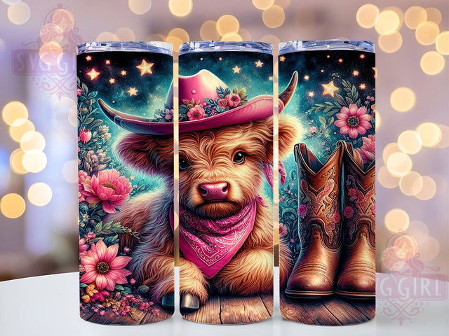 Pink Highland Cow Cowgirl 20oz Tumbler Wrap Sublimation Design, Straight Tapered Tumbler Wrap, Highland Cow Tumbler Png, Instant Digital Download Sublimation SvggirlplusArt 