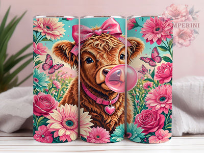 Pink Highland Cow Floral 20oz Tumbler, Highland Cow, Floral Design, Pink Theme, Farmhouse Style, Rustic Charm, Animal Motif, Sublimation Tumbler Sublimation Li Zamperini 