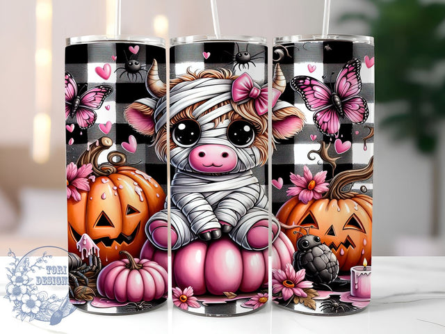 Pink Highland Cow, Halloween Decor, Tumbler PNG, Sublimation Art, Cute Cow, Spooky Season, Fall Gift, Digital Download Sublimation ToriDesigns 