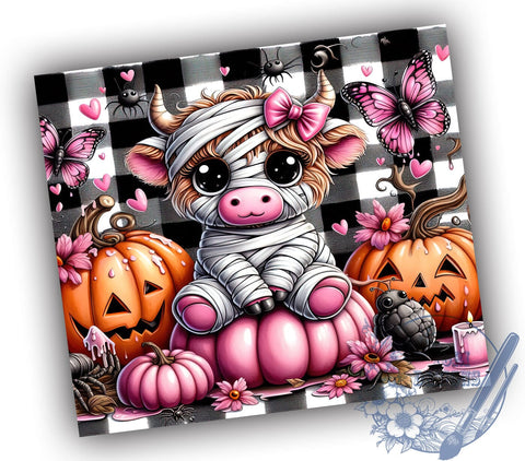 Pink Highland Cow, Halloween Decor, Tumbler PNG, Sublimation Art, Cute Cow, Spooky Season, Fall Gift, Digital Download Sublimation ToriDesigns 