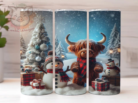 Pink Highland Cow Tumbler, Christmas Snowman Design, 20oz Sublimation Wrap, Holiday Drinkware, Festive Cow Art, Winter Tumbler Design, Digital Download Sublimation Lara' s Designs 