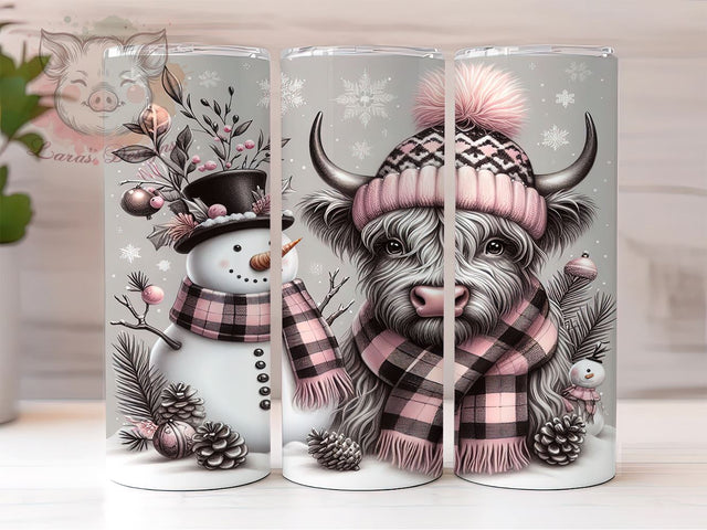 Pink Highland Cow Tumbler, Christmas Snowman Design, 20oz Sublimation Wrap, Holiday Drinkware, Festive Cow Art, Winter Tumbler Design, Digital Download Sublimation Lara' s Designs 